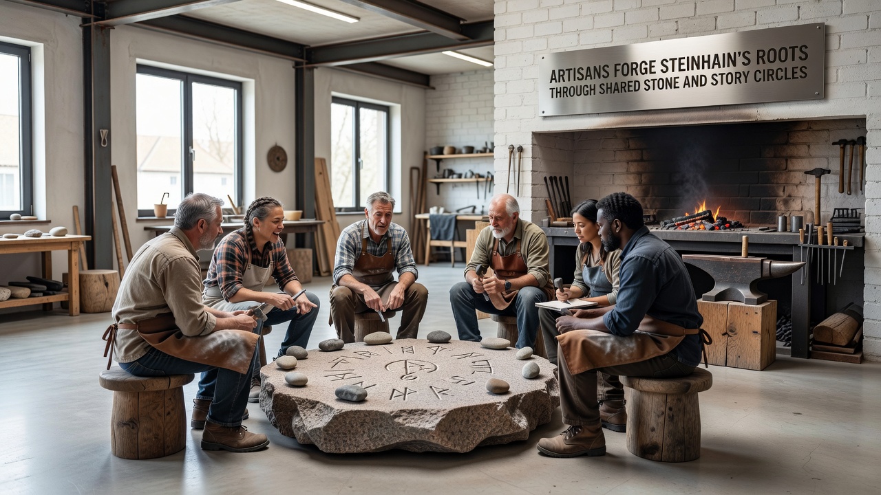 Participants in a story circle discussing stone artifacts in Steinhain